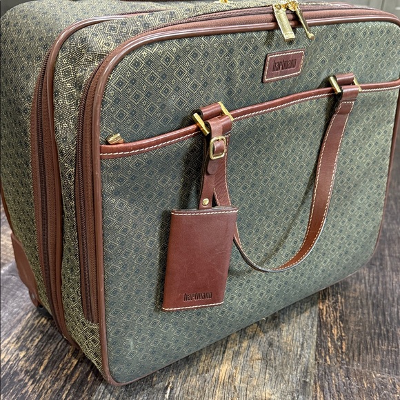 Hartmann Olive and Brown 2 wheel rolling briefcase Carry On Luggage Travel Bag. - Picture 2 of 15